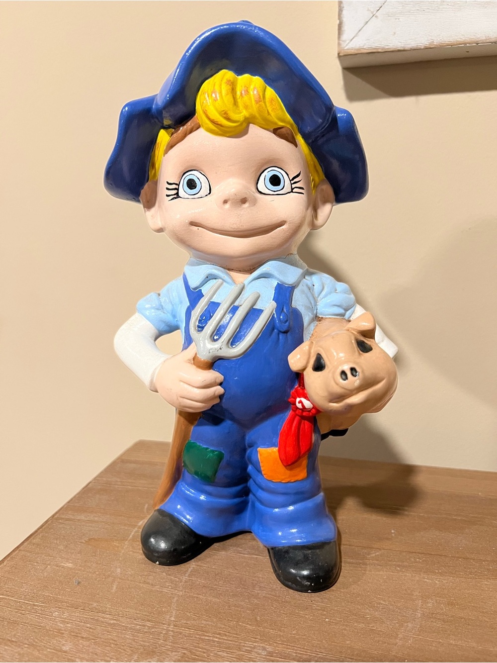 Vintage 1977 Atlantic Mold Ceramic Farmer Boy Holding Prize Baby Pig